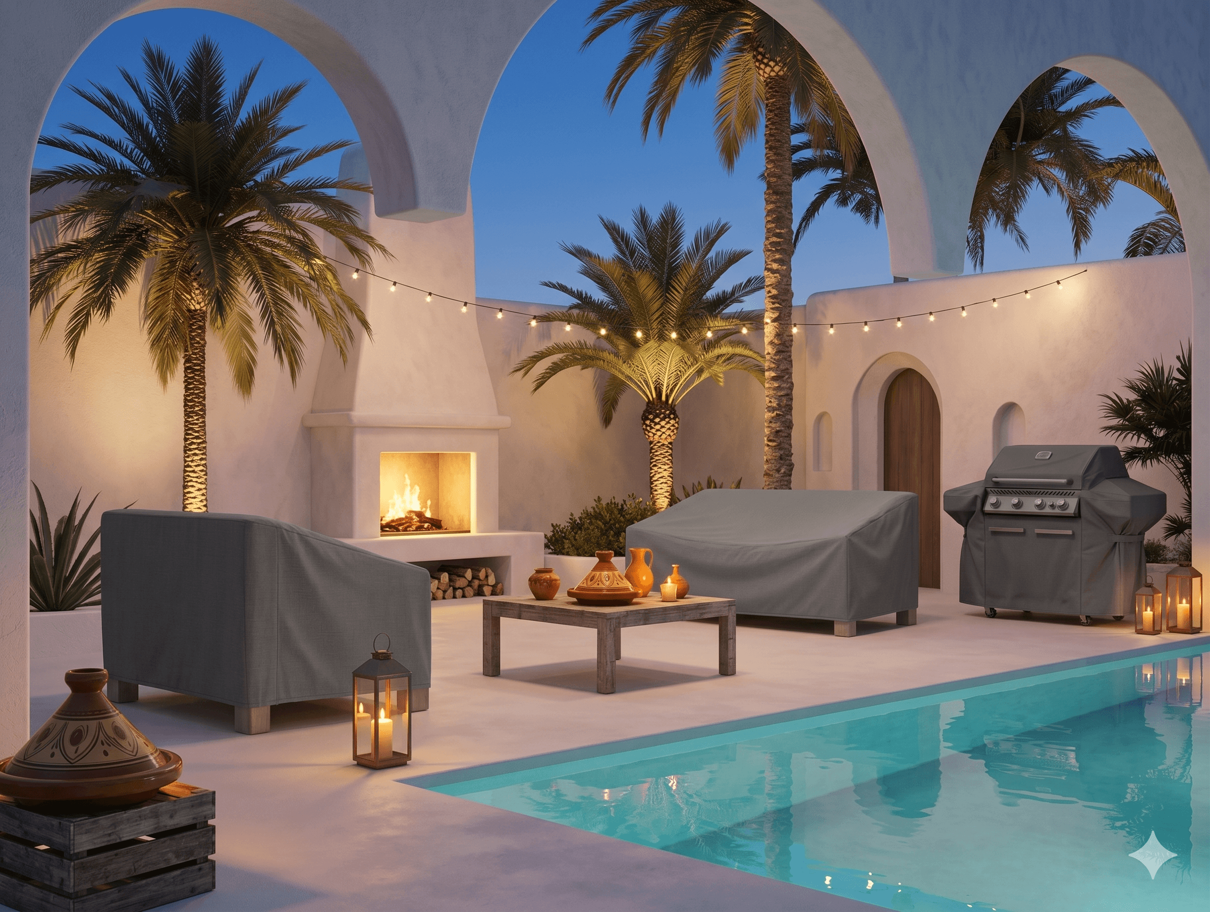 Mobilier et barbecue proteges autour d'une piscine exterieure