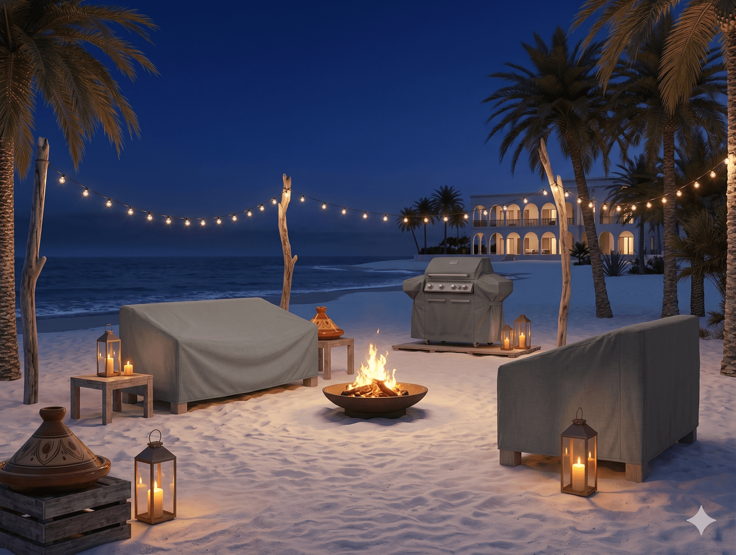 Mobilier protege sur une terrasse de restaurant en bord de mer