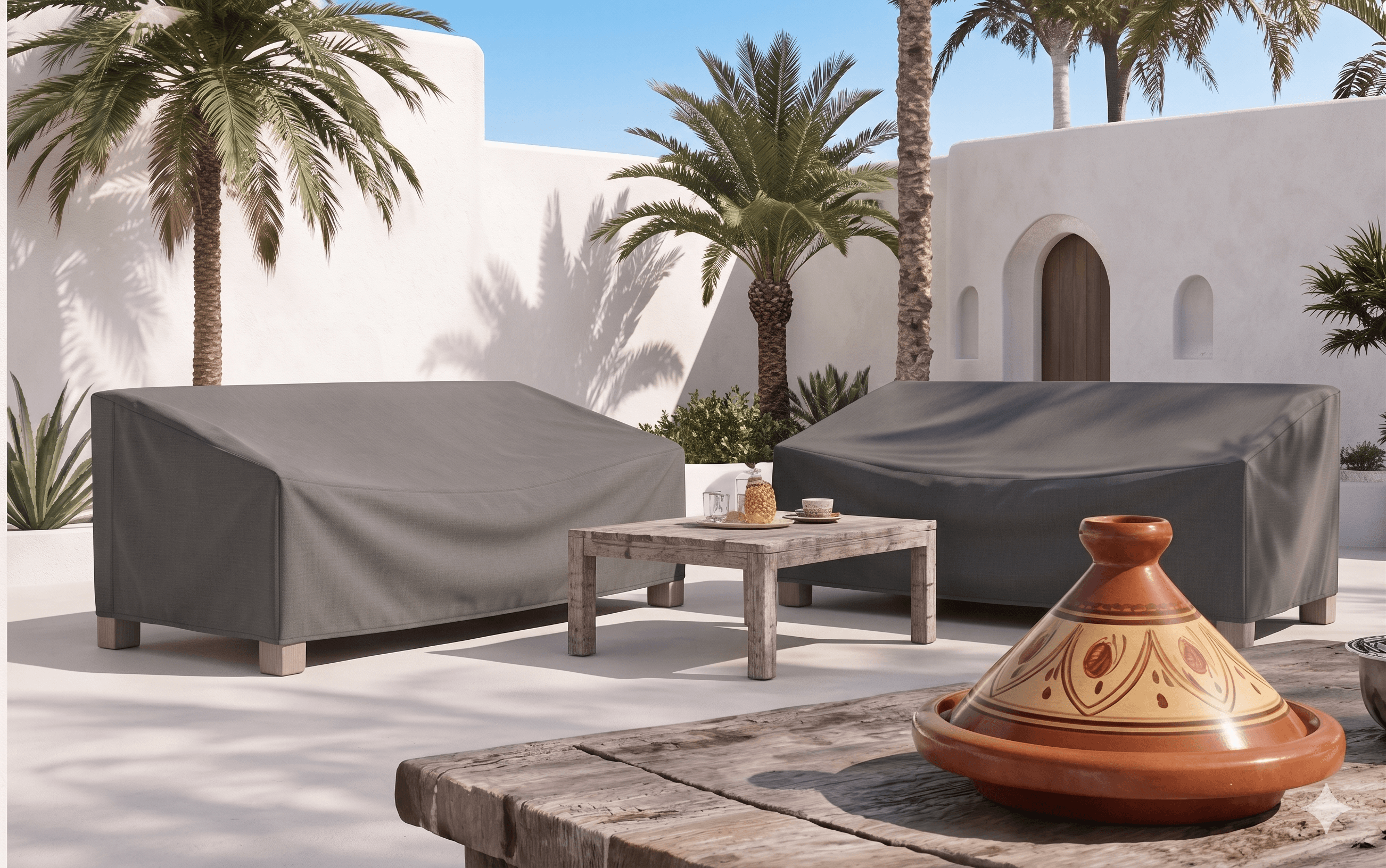 Salon de jardin protege par des housses sur mesure dans une terrasse exterieure