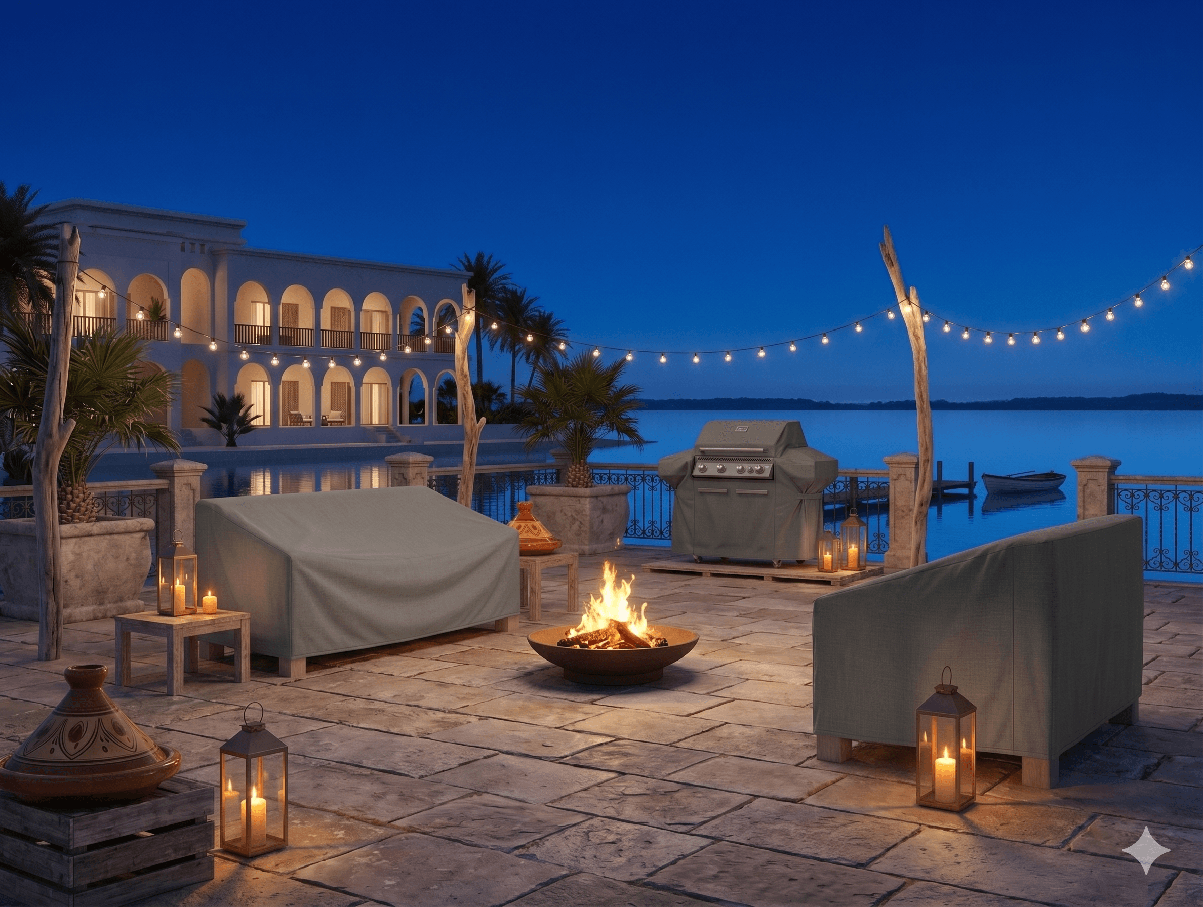 Terrasse privee au bord du lac avec mobilier exterieur protege